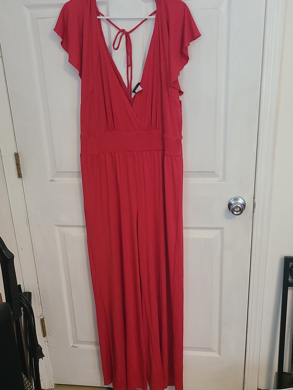 Dots Red V-Neck Jumpsuit with Tie-Back Detail